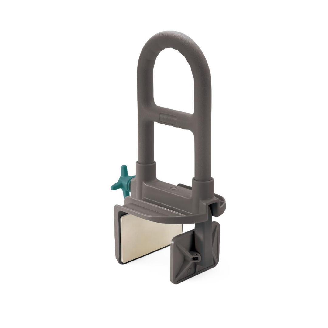 The Medline Deluxe Bathtub Grab Bar with Microban in light gray features a non-slip textured handle, antimicrobial protection, adjustable clamp, and teal tightening knob to safely assist users getting in and out of the bathtub.